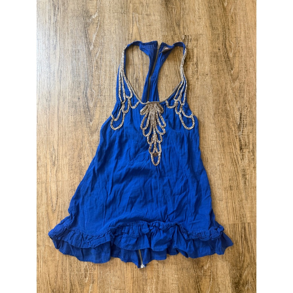 Free People Blue Embroidered Beaded Ruffle Tank Top Size 6 Boho Racerback Zip